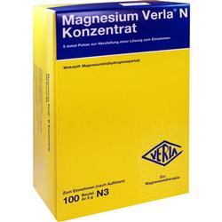 Gelbe Verpackung von Magnesium-Verla-Pulver zur Zubereitung einer Nahrungsergänzung.
