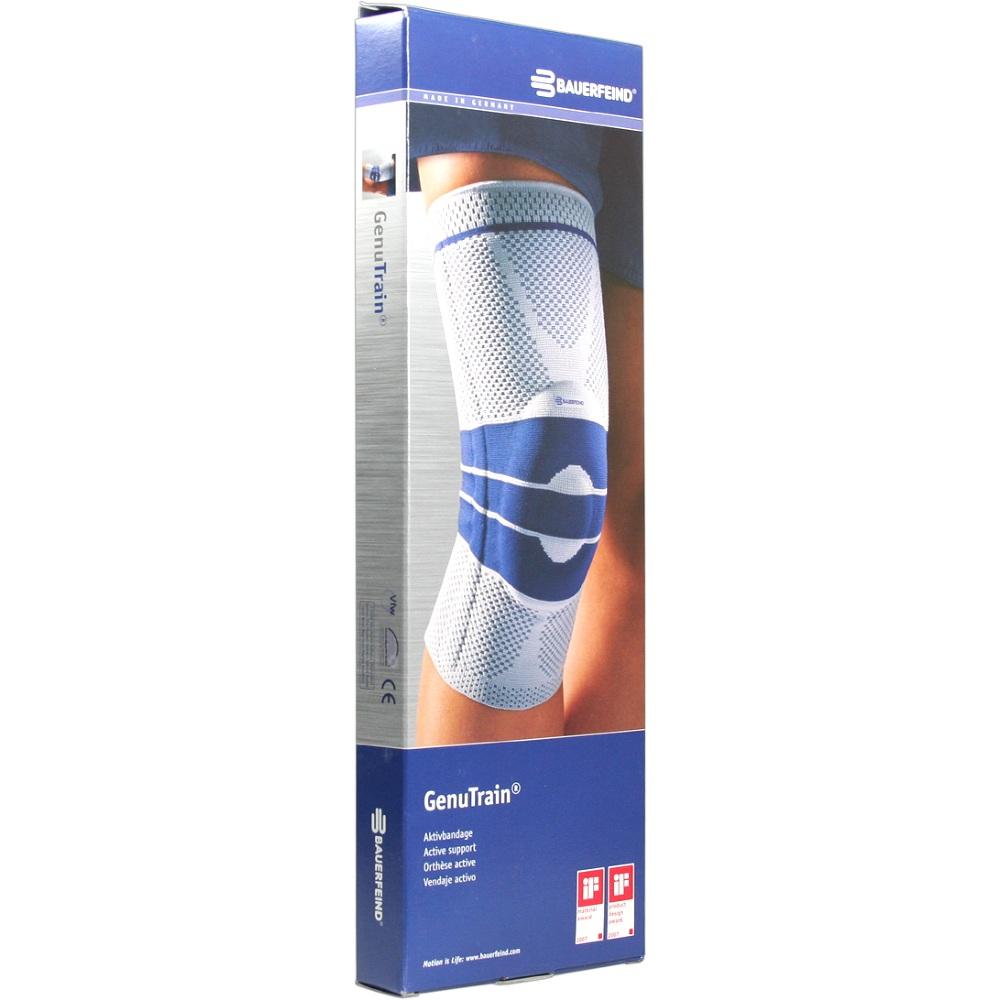 Eine blaue Kniebandage in einer Verpackung von Bauerfeind.