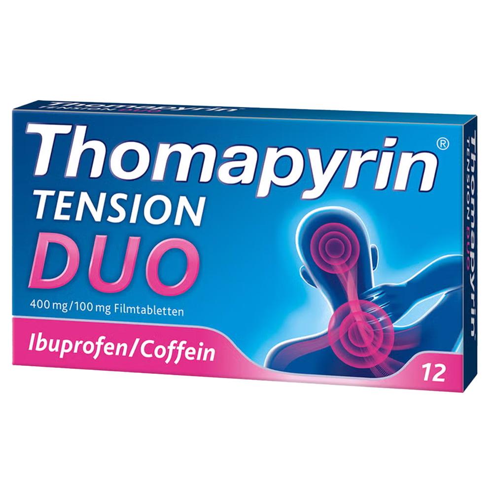 Blau-rote Packung mit Schmerztabletten gegen Nackenschmerzen.